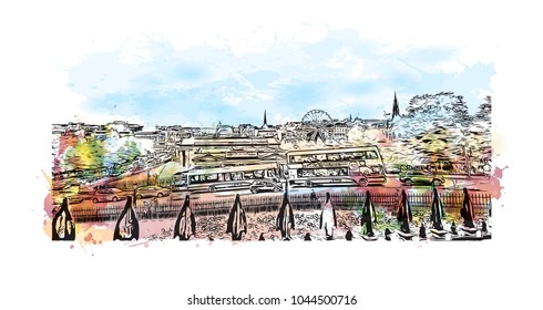 City Landmark of Edinburgh Capital of Scotland, UK. Watercolor splash with hand drawn sketch  illustration in vector.