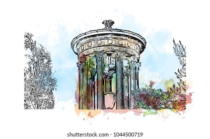 City Landmark of Edinburgh Capital of Scotland, UK. Watercolor splash with hand drawn sketch  illustration in vector.