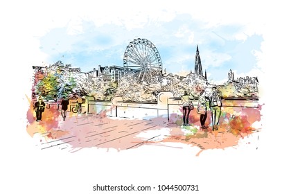 City Landmark of Edinburgh Capital of Scotland, UK. Watercolor splash with hand drawn sketch  illustration in vector.