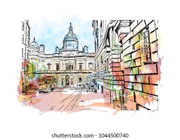 City Landmark of Edinburgh Capital of Scotland, UK. Watercolor splash with hand drawn sketch  illustration in vector.