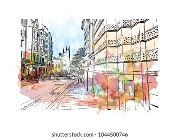 City Landmark of Edinburgh Capital of Scotland, UK. Watercolor splash with hand drawn sketch  illustration in vector.