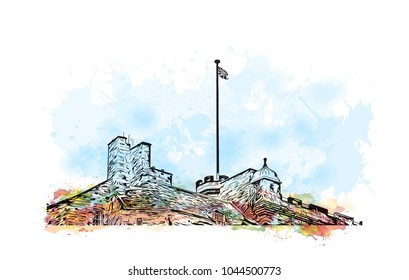 City Landmark of Edinburgh Capital of Scotland, UK. Watercolor splash with hand drawn sketch  illustration in vector.