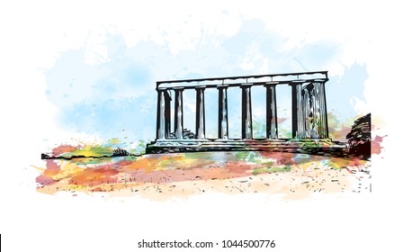 City Landmark of Edinburgh Capital of Scotland, UK. Watercolor splash with hand drawn sketch  illustration in vector.