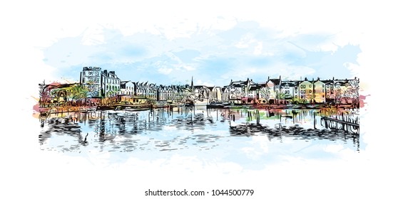 City Landmark of Edinburgh Capital of Scotland, UK. Watercolor splash with hand drawn sketch  illustration in vector.