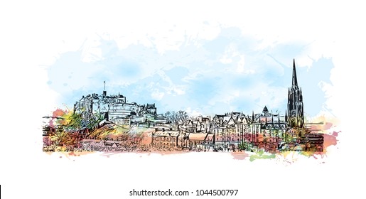 City Landmark of Edinburgh Capital of Scotland, UK. Watercolor splash with hand drawn sketch  illustration in vector.