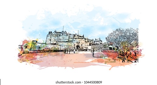 City Landmark of Edinburgh Capital of Scotland, UK. Watercolor splash with hand drawn sketch  illustration in vector.