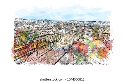 City Landmark of Edinburgh Capital of Scotland, UK. Watercolor splash with hand drawn sketch  illustration in vector.