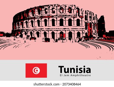 City Landmark of El Jem Amphitheatre, a famous building in Tunisia. Hand drawn sketch illustration in vector with colors of the flag of Tunisia .
