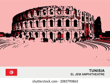 City Landmark of El Jem Amphitheater, ein berühmtes Gebäude in Tunesien.Handgezeichnete Skizze-Illustration in Vektorgrafik mit Farben der Flagge von Tunesien.
