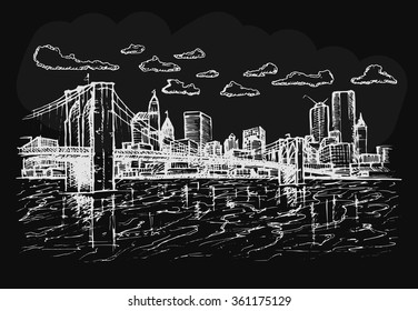 City landmark on black background. Free hand drawn. Vector illustration.