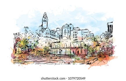 City landmark with street view of Buenos Aires Capital of Argentina. Water Cooler splash with Hand drawn sketch illustration in vector.