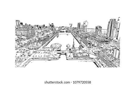 City landmark with street view of Buenos Aires Capital of Argentina. Hand drawn sketch illustration in vector.