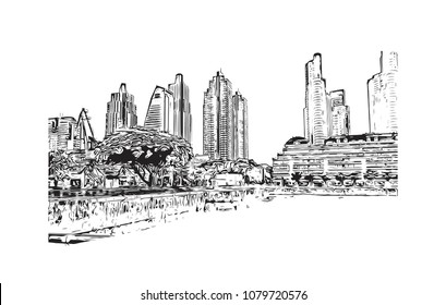 City landmark with street view of Buenos Aires Capital of Argentina. Hand drawn sketch illustration in vector.