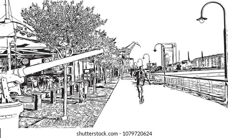 City landmark with street view of Buenos Aires Capital of Argentina. Hand drawn sketch illustration in vector.