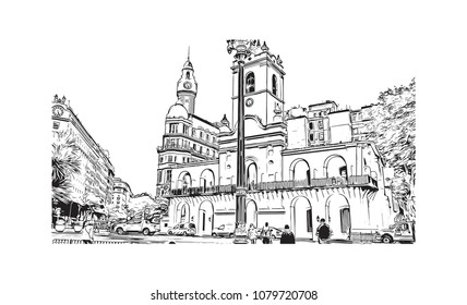 City landmark with street view of Buenos Aires Capital of Argentina. Hand drawn sketch illustration in vector.