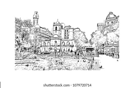 City landmark with street view of Buenos Aires Capital of Argentina. Hand drawn sketch illustration in vector.