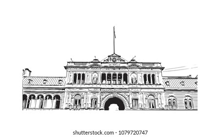 City landmark with street view of Buenos Aires Capital of Argentina. Hand drawn sketch illustration in vector.