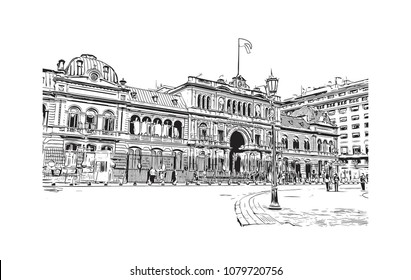 City landmark with street view of Buenos Aires Capital of Argentina. Hand drawn sketch illustration in vector.
