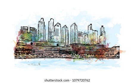 City landmark with street view of Buenos Aires Capital of Argentina. Water Cooler splash with Hand drawn sketch illustration in vector.