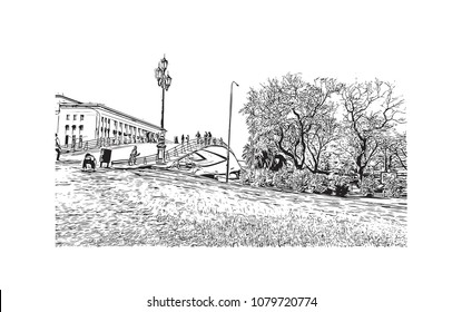 City landmark with street view of Buenos Aires Capital of Argentina. Hand drawn sketch illustration in vector.