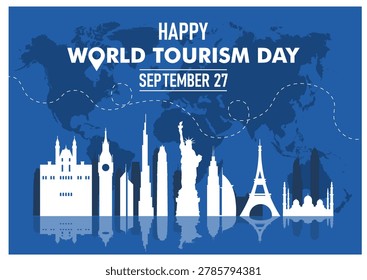 City landmarks in a clean flat style over a blue world map background, symbolizing global travel and celebration of tourism. Vector illustration