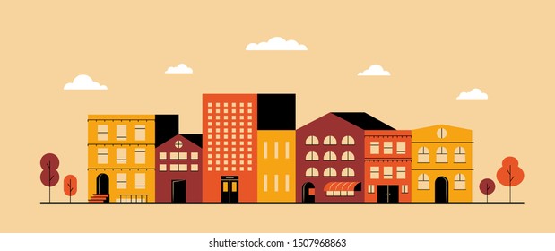 City landscape abstract horizontal banner. Vector flat town block in minimal geometric style, cityscape with buildings and trees illustration, simple background design