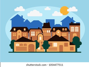 City landscape at afternoon, flat illustration