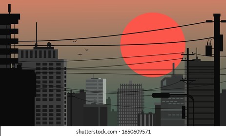 City landscape against the backdrop of a huge red sun. City at sunset / sunrise. Vector illustration.