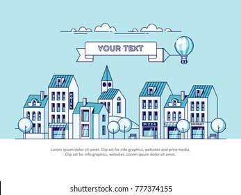 City landscape and air balloon with message on banner. Vector illustration.