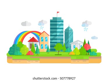 City landscape with apartment building, business multistory building, cottage house, Trees, grass, bushes and rainbow. Isolated object on white background. Vector illustration.