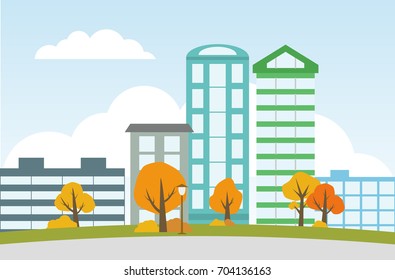 City landscape with autumn trees in the foreground 