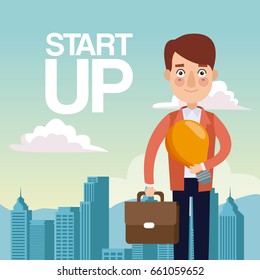 city landscape background closeup man with portfolio and light bulb star up