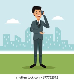 city landscape background with formal suit man social network communication