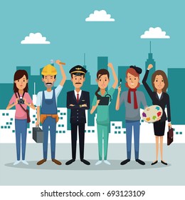 city landscape background with full body group people of different professions