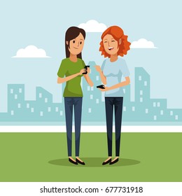 city landscape background with group of women social network communication