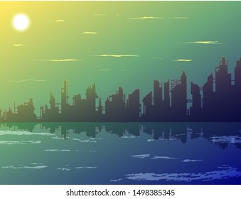 city landscape background with reflection on the water, sunset, dark evening, vector cityscape illustration