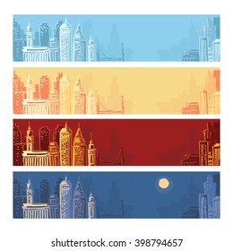 City landscape background set. Vector hand drawn illustrations.