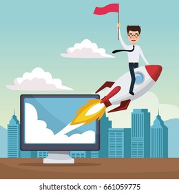 city landscape background star up business man on a rocket with display computer