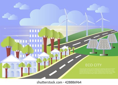 City landscape background, windmills and solar panels, flat design, lorem ipsum, vector illustration