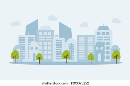 City landscape banner with buildings shapes, trees and clouds on white background. Flat cartoon vector illustration