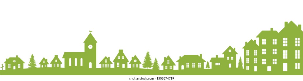 City landscape banner with green elements