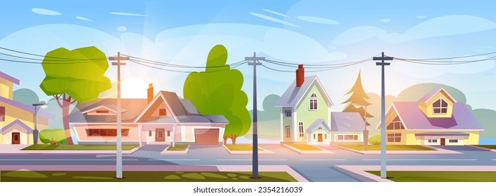 City landscape banner. Horizontal poster with early morning suburb or town, houses and buildings, road and street lamps. Panorama of deserted areas with cottages. Cartoon flat vector illustration