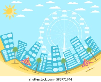 City landscape with beach. A resort town on the beach. Palms and attractions. Vector illustration