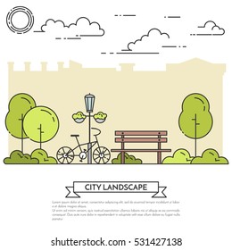 Paisaje urbano con banco y bicicleta en el parque central. Ilustración vectorial aislada de bello paisaje urbano para banner o tarjeta inmobiliaria.