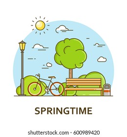 City landscape with bench and street lamp in public park. Vector illustration in flat line style. Season architecture design for banner or card. Spring nature background. Outdoor activity concept