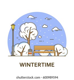 City landscape with bench and street lamp in public park. Vector illustration in flat line style. Season architecture design for banner or card. Winter nature background. Outdoor activity concept