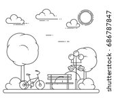 City landscape with bicycle and bench with trees in central park isolated on white background. Flat line vector illustration of spring or summer cityscape.