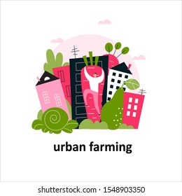 City landscape with big fruits and vegetables and man climbing on a carrot. Urban farming concept. Vector cartoon illustration