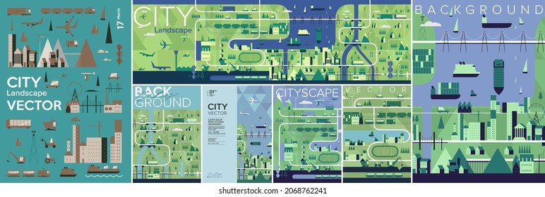 City landscape. Big set. Collection of vector illustrations. Simple, flat design. Patterns and backgrounds. Perfect for poster, cover, banner.