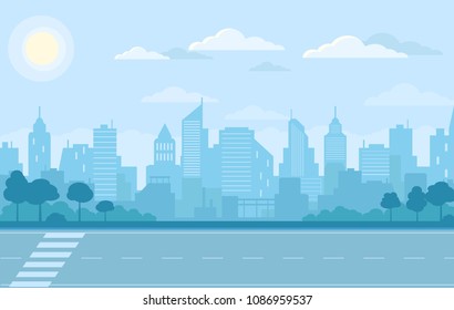 City landscape. Blue skyscrapers, road and park view